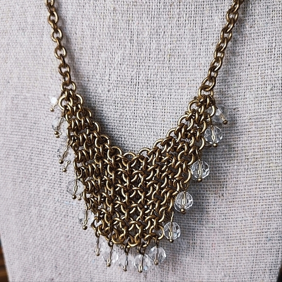 J. Crew Crystal Clear Faceted Beads Brass Tone Chainmaille Statement Necklace - Picture 5 of 12